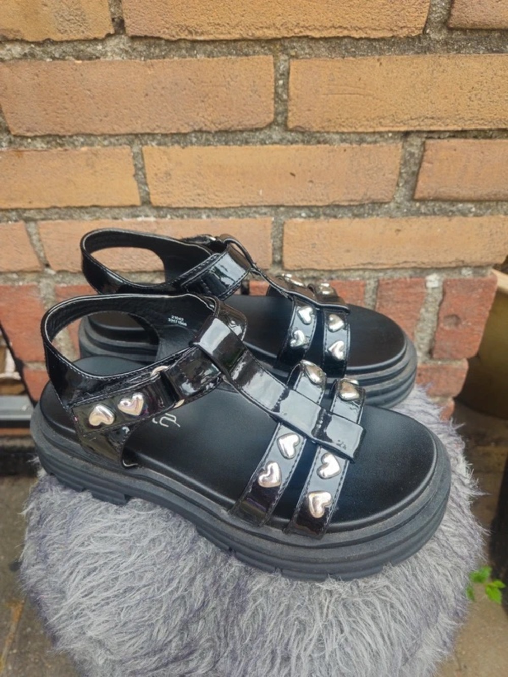 Women’s Black Patent Platform Sandals with Heart Studs